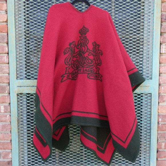 Vtg Ralph Lauren Thick Wool Blanket Cape w/ RL Lion Insignia, Size 73 in x 55 in